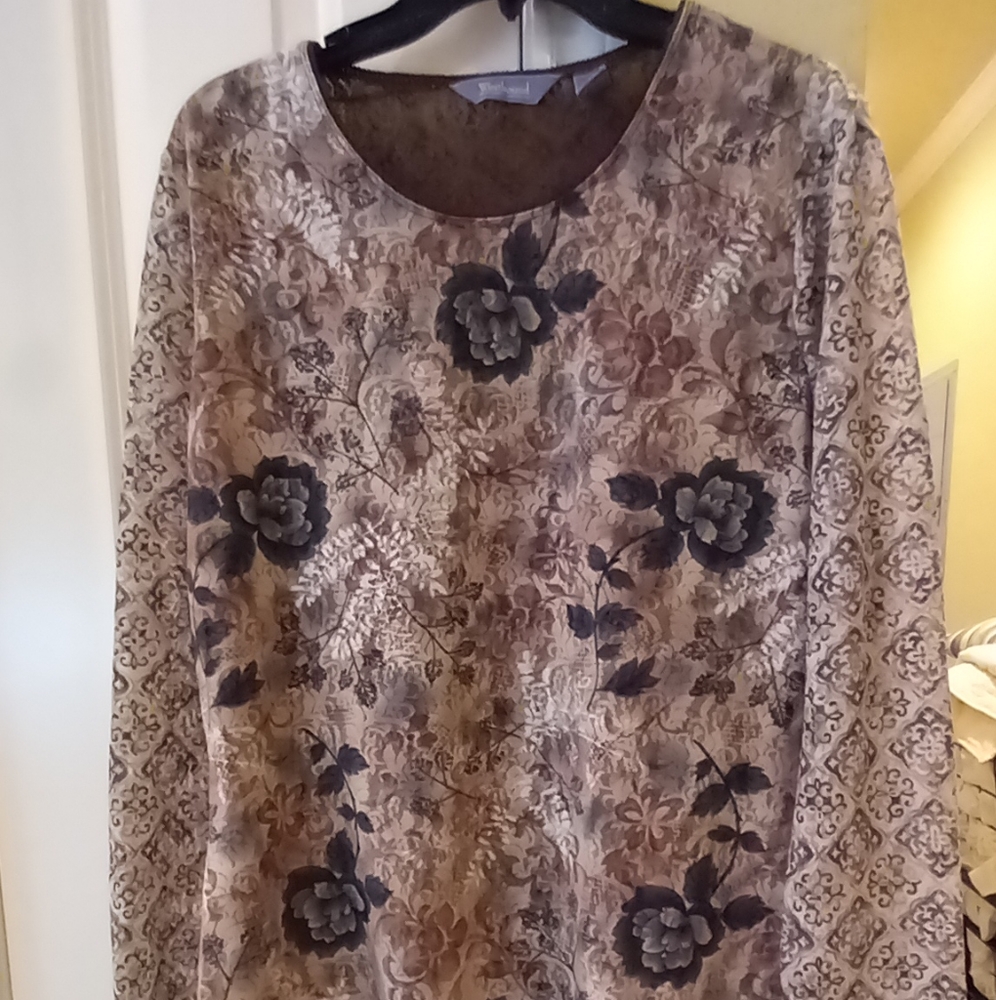 Westbound large long sleeve blouse in shades of brown,blue and white.